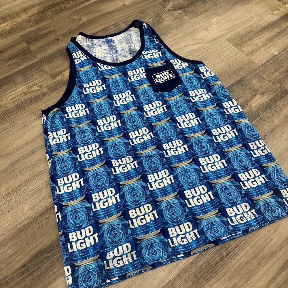Bud Light Graphic Tank Top – Blue Allover Print – Size L